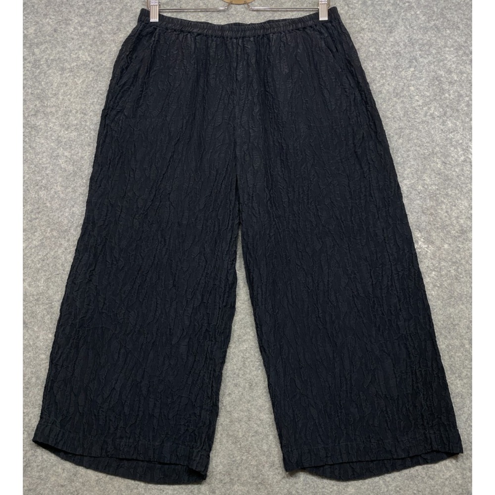 Dressori Pants Womens L Black Silk Wide Leg Cropped Textured Lagenlook Washable